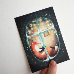 Kerstkaart vos in het raam met foliedruk